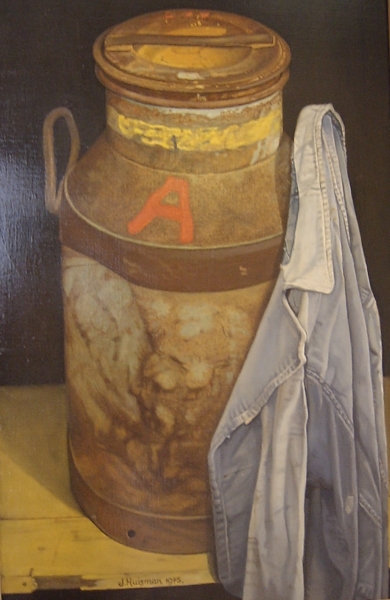 Boerenkiel aan de melkbus, schilderij van Joop Huisman, te bezichtigen in het museum te Workum